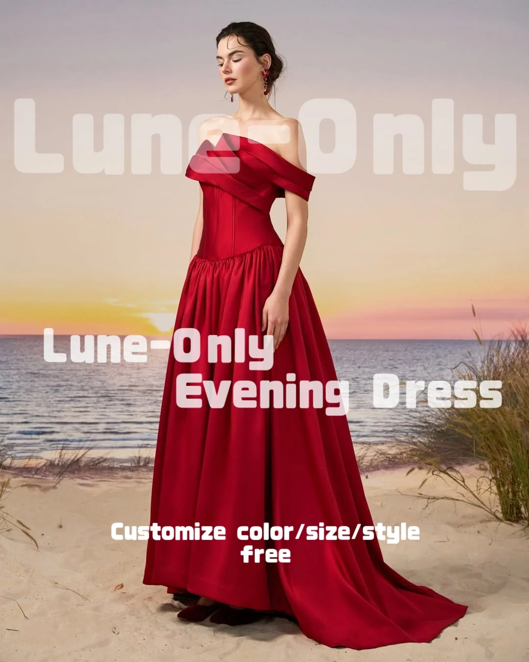 Sukienki wieczorowe damskie z satyny w kolorze czerwonym, z odkrytymi ramionami, drapowane, asymetryczne, eleganckie suknie na przyjęcie, bal, formalne okazje.