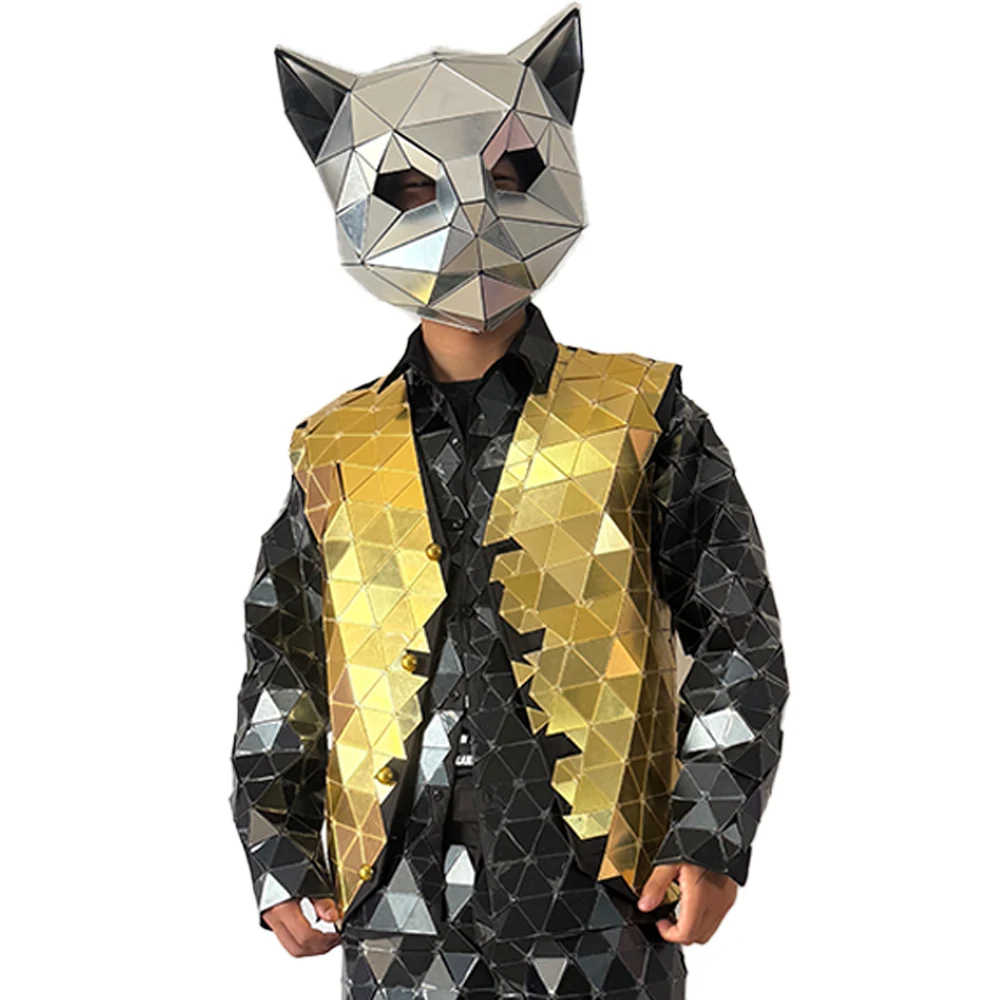 

Mirror Man Hand Sewn Show Suit Stage Dress Performance Halloween Mask Cosplay Christmas Costumes Black Gold Animal Helmet