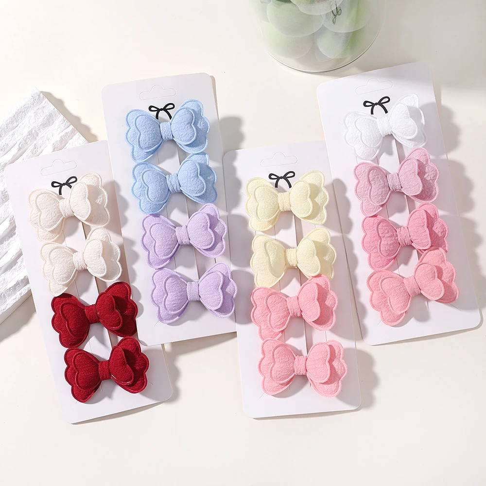 Candy Colored Hair Clip Set para Meninas, Double Layered Bow, Cute Bangs, Safe Cotton, Acessórios para Cabelo Infantil, 4Pcs, Set