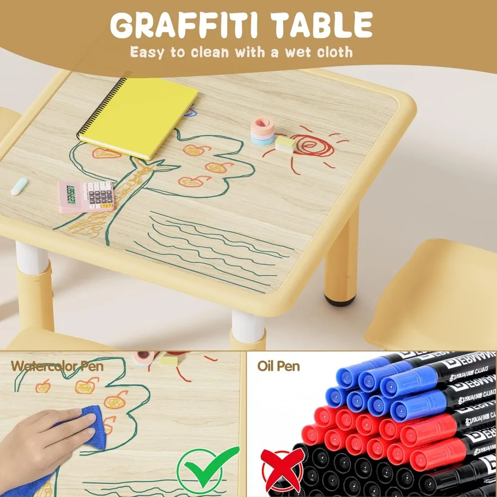 Kids Table and 4 Chairs Set, Height Adjustable Toddler Table and Chair Set, Graffiti Desktop, Classroom/Daycare/Home