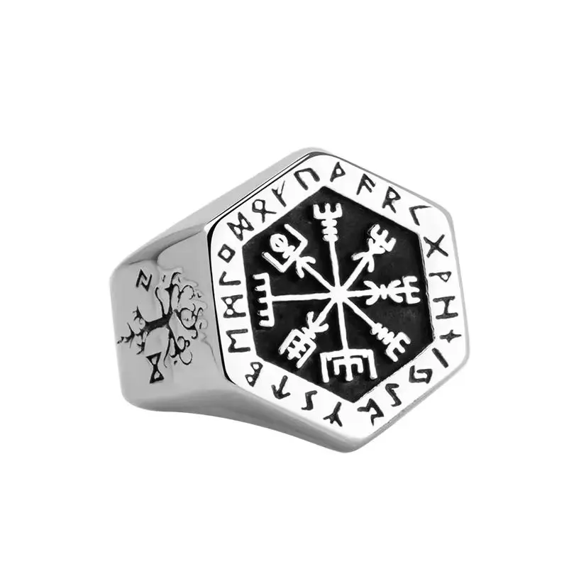Nordic Viking Vegvisir Ring for Men Norse Compass Rune Totem Stainless Steel Band Ring Retro Myth Pattern Jewelry Party Festival