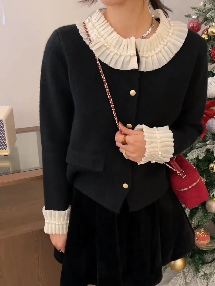

Red Knitted Sweater Women's Autumn Winter New Sle Patchwork Bead Embellied Wooden Knit Cardigan Coat High End New Ye...