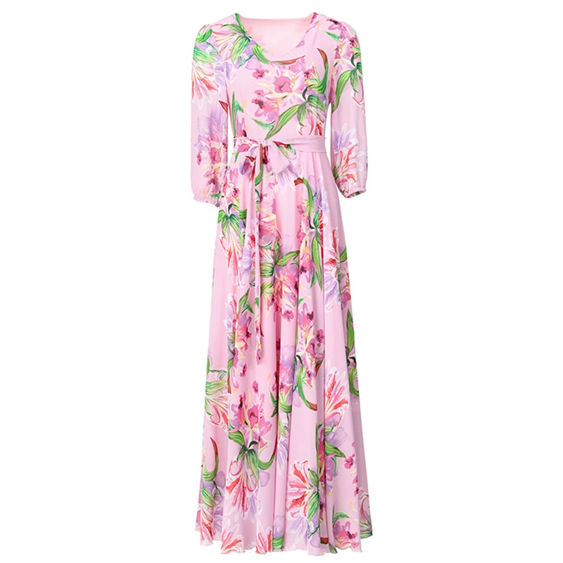 New Women Spring Summer Sweet Pink Print Dress Fashion V-Neck Slim Waist Long Floral Dress Simplicity Elegant Holiday Dress