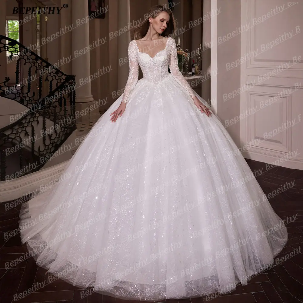 BEPEITHY Customized Princess Glitter Ivory Wedding Dresses Women Full  Sleeves Lace Ball Bridal Gown Court Train 2026 Sweetheart - AliExpress 320