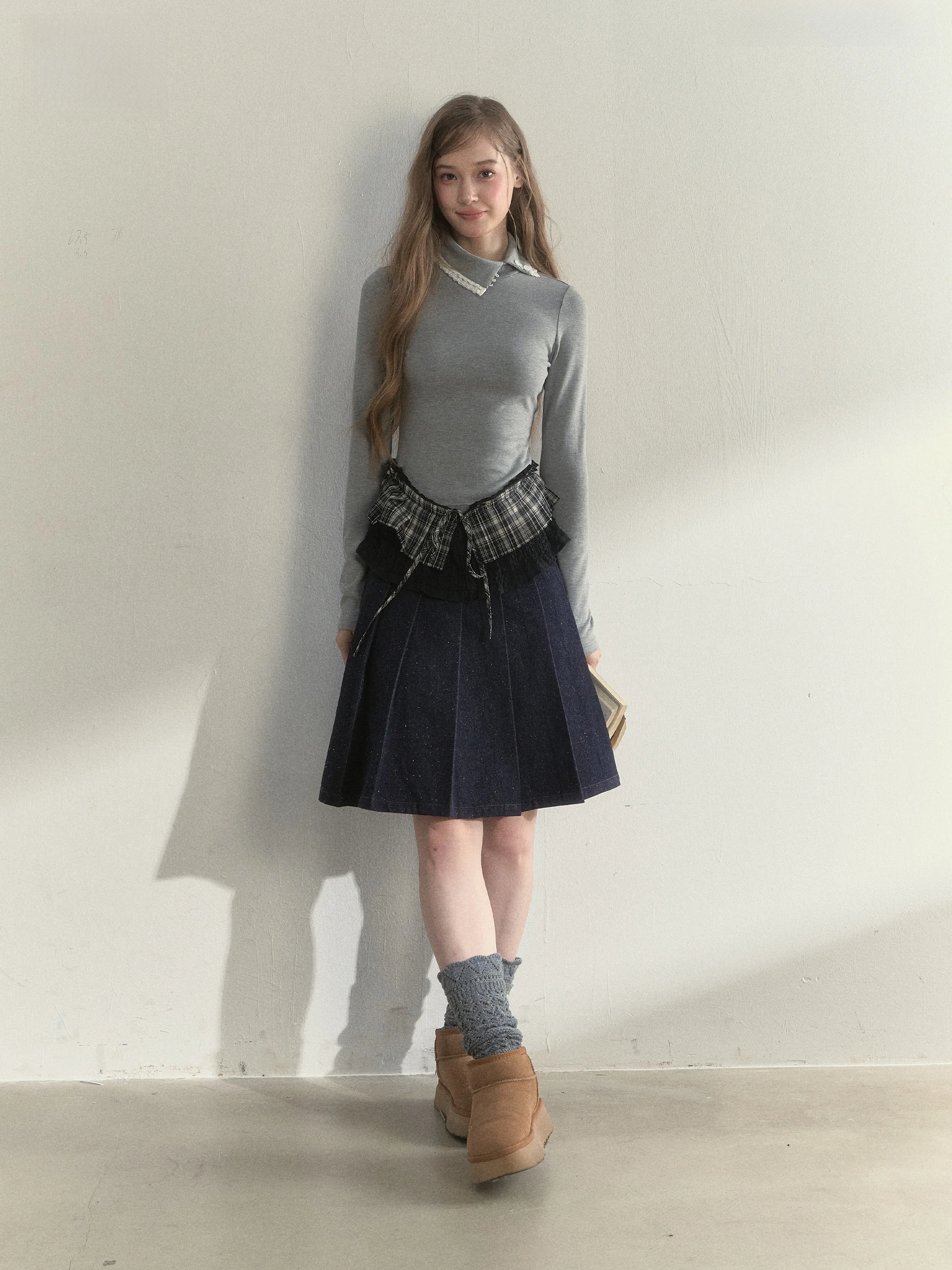 SunsetPark Sunset Park Small High Collar Pleated Skirt Layering Comfortable Long Sleeve Top Vintage Style Women's T-shirt