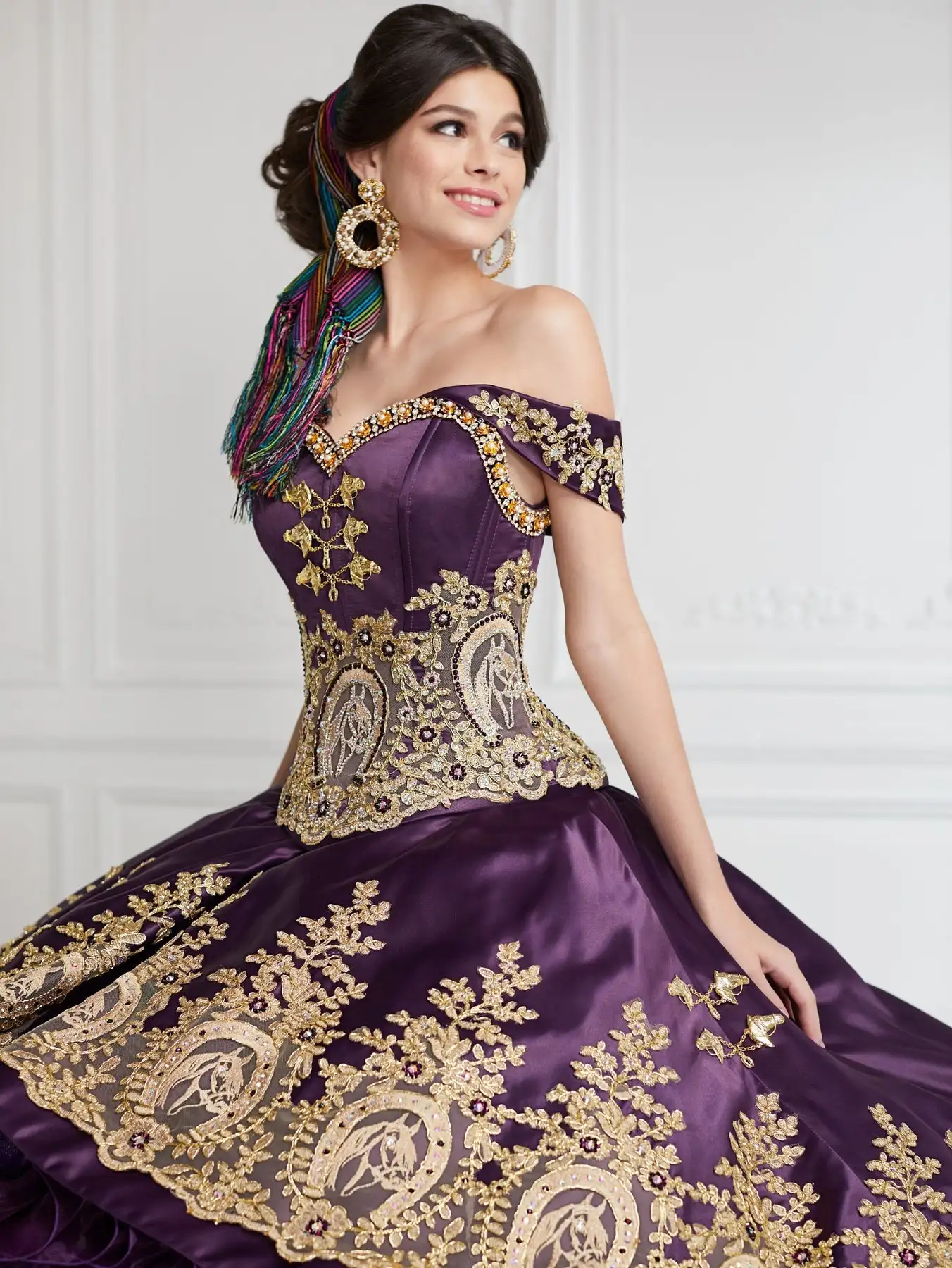 Purple Charro Quinceanera Dresses Ball Gown Off The Shoulder Ruffles Appliques Puffy Mexican Sweet 16 Dresses 15 Anos