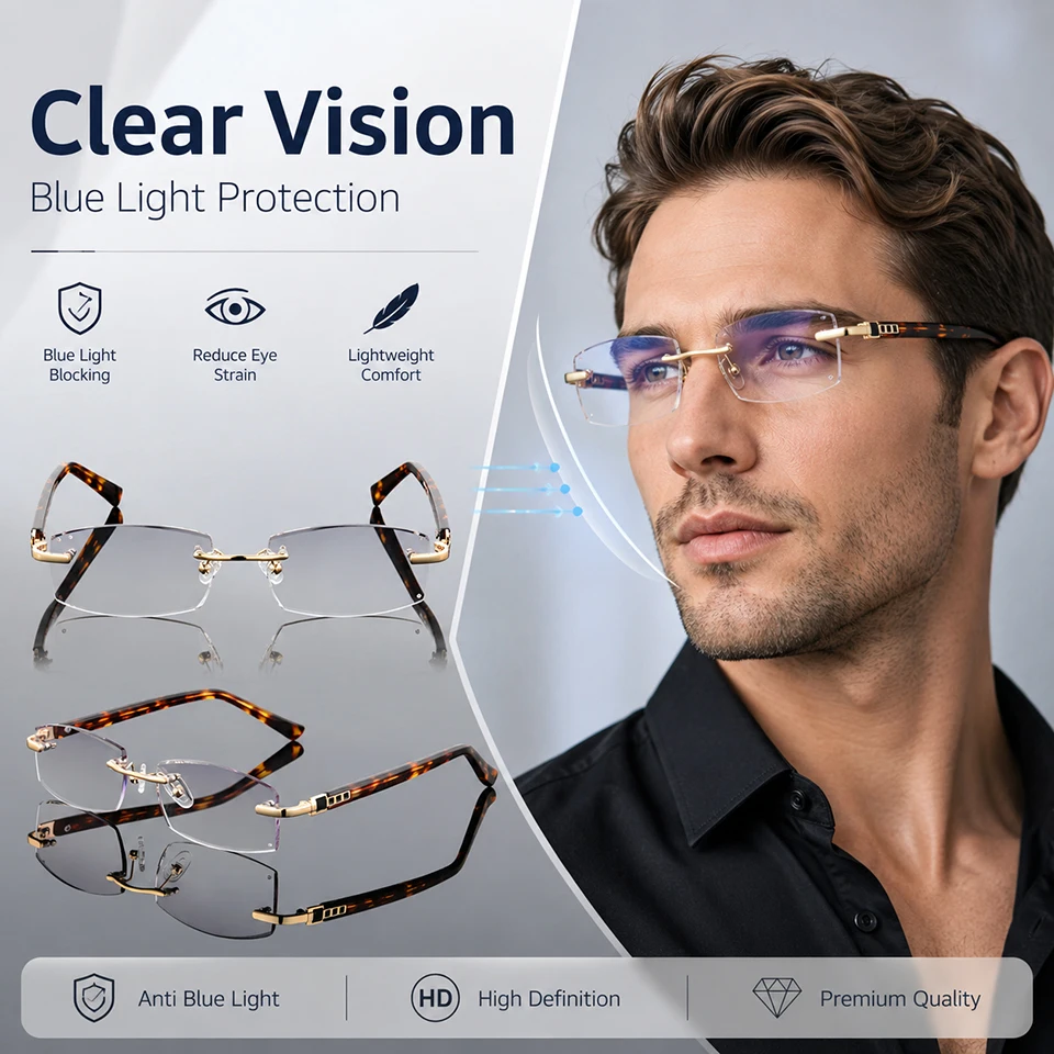 BEGREAT Luxury Designer Reading Glasses Rimless Diamond Cutting Frame Men Women Presbyopia Anti-blue Light Square Reader Glasses