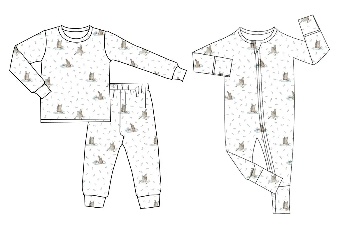 Boutique Children's Clothes Boys Collection Long Sleeve Ducks Diving Eating Fish Printed Pants Boys Pajama Set Baby Zip Jumpsuit