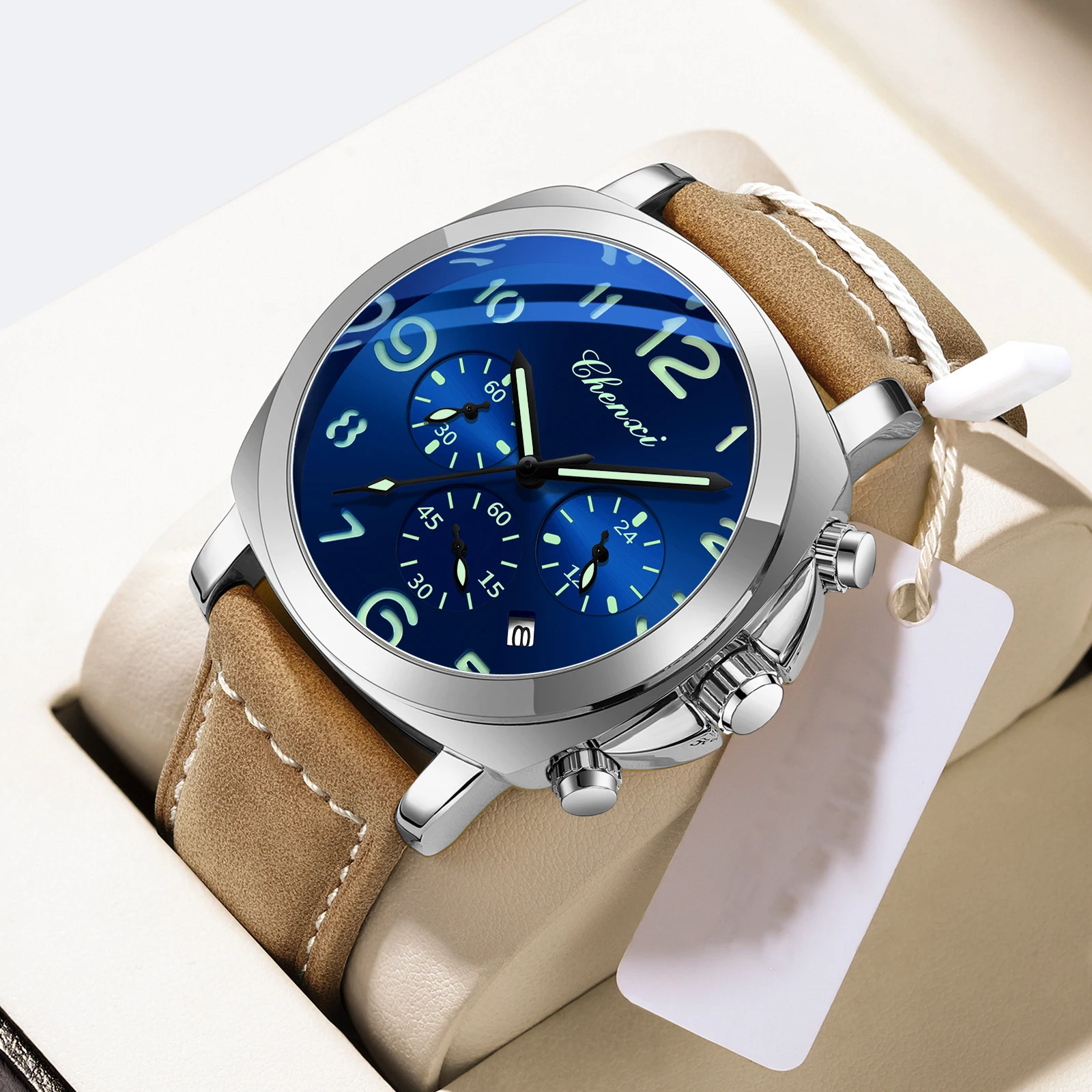 CHENXI العسكرية الرياضية الفاخرة ساعة كوارتز رجالية مقاوم للماء مضيئة كرونوغراف تاريخ حلقة من جلد ملابس مريحة Reloj