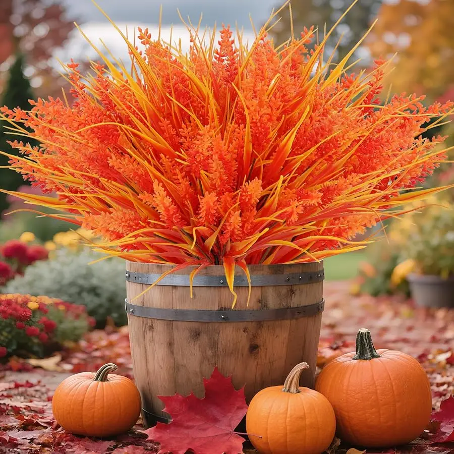 

24 Bundles Artificial Fall Flowers Outdoor – Faux Lavender Flowers with Monkey Grass UV Resistant Plastic Faux Plants for Garden