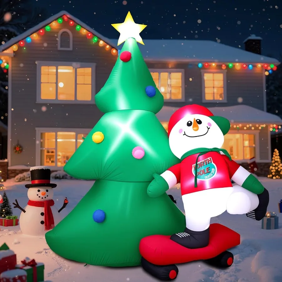 

7-футовый рождественский надувной снеговик для сноуборда с елкой, уличное украшение для двора со встроенными светодиодными фонарями, надувной рождественский декор для