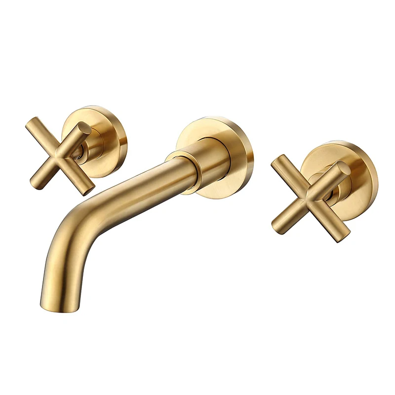 

British Style Cross Handle 3-Hole Wall-Mounted Golden Basin Faucet Bathroom Suit