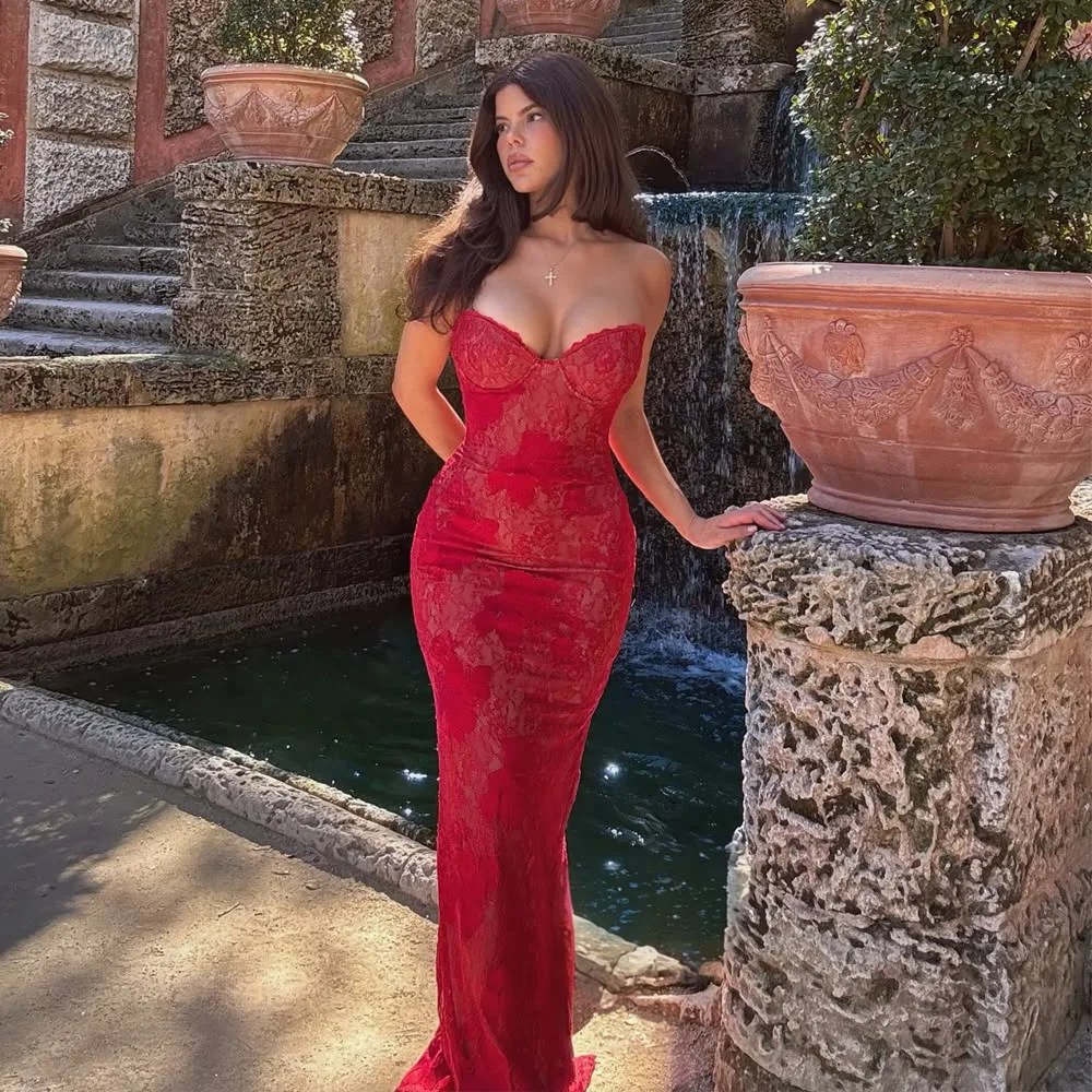 Spitze durchsichtiger Schal Langarm Top Set trägerloses figurbetontes Meerjungfrau-Rock-Set gerafftes Bustier zweiteiliges Set schlankes Abend-Outfit