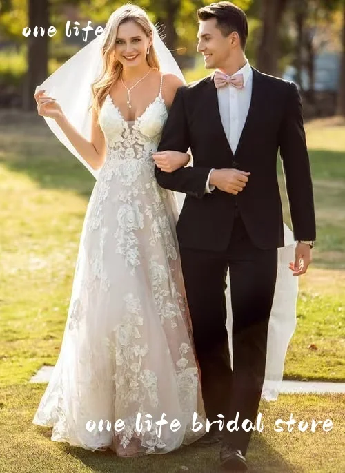 

Элегантные свадебные платья в стиле бохо с кружевной аппликацией по индивидуальному заказу, потрясающее платье невесты без рукавов с v-образным вырезом, свадебное платье принцессы на тонких бретельках