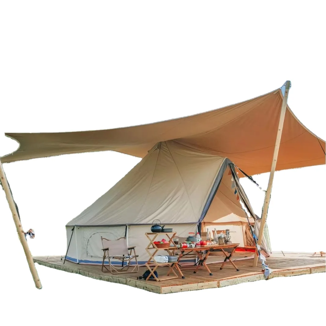 Custom Large Outdoor Camping Cotton Canvas Mongolian Yurt with Flying Tent Waterproof Mould Proof Camp Sun protection Bell Tent