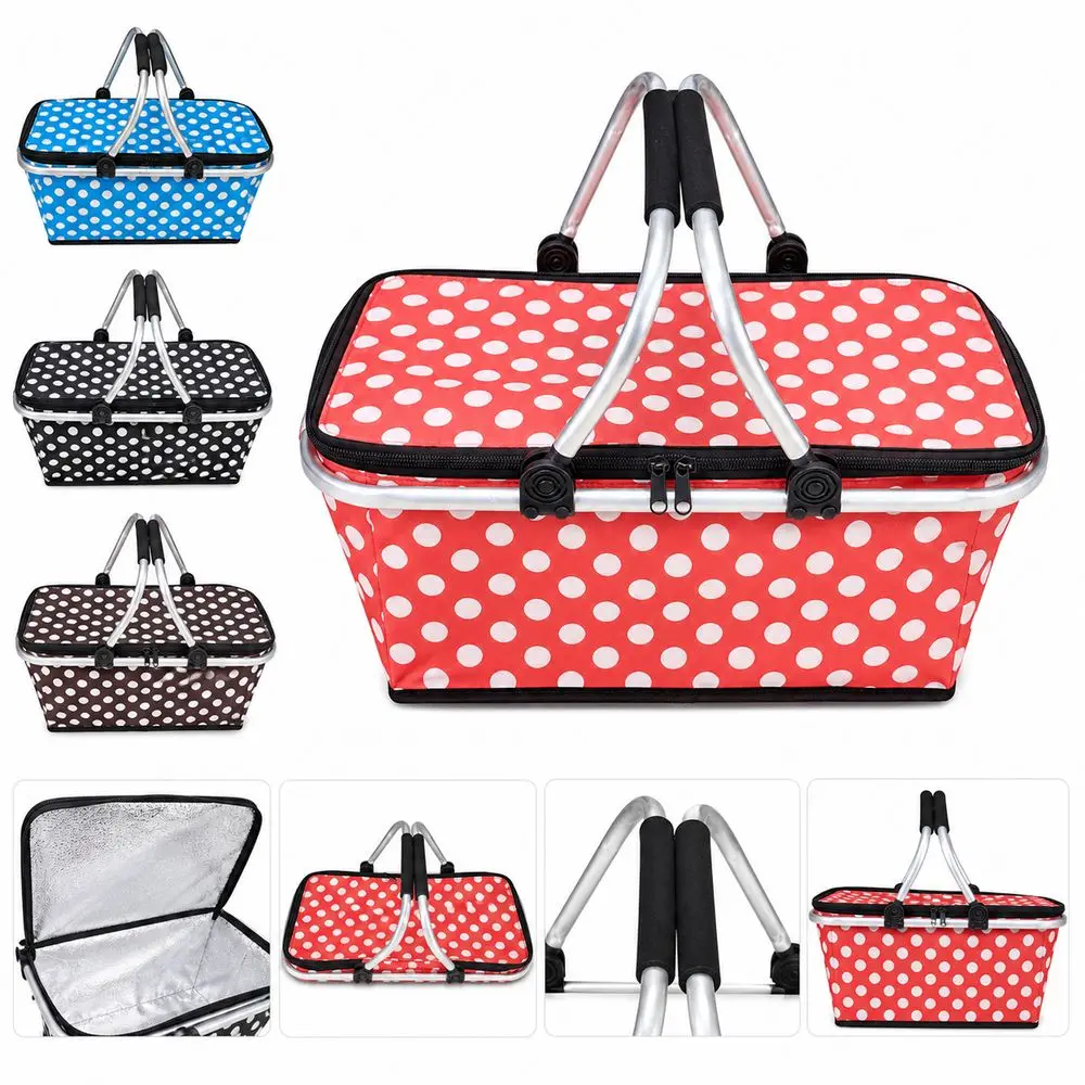 Satin Fabric Insulated Picnic Basket Polka Dot Pattern Insulated Lining Insulated Lunch Bag Zipper Closure Portable Handles