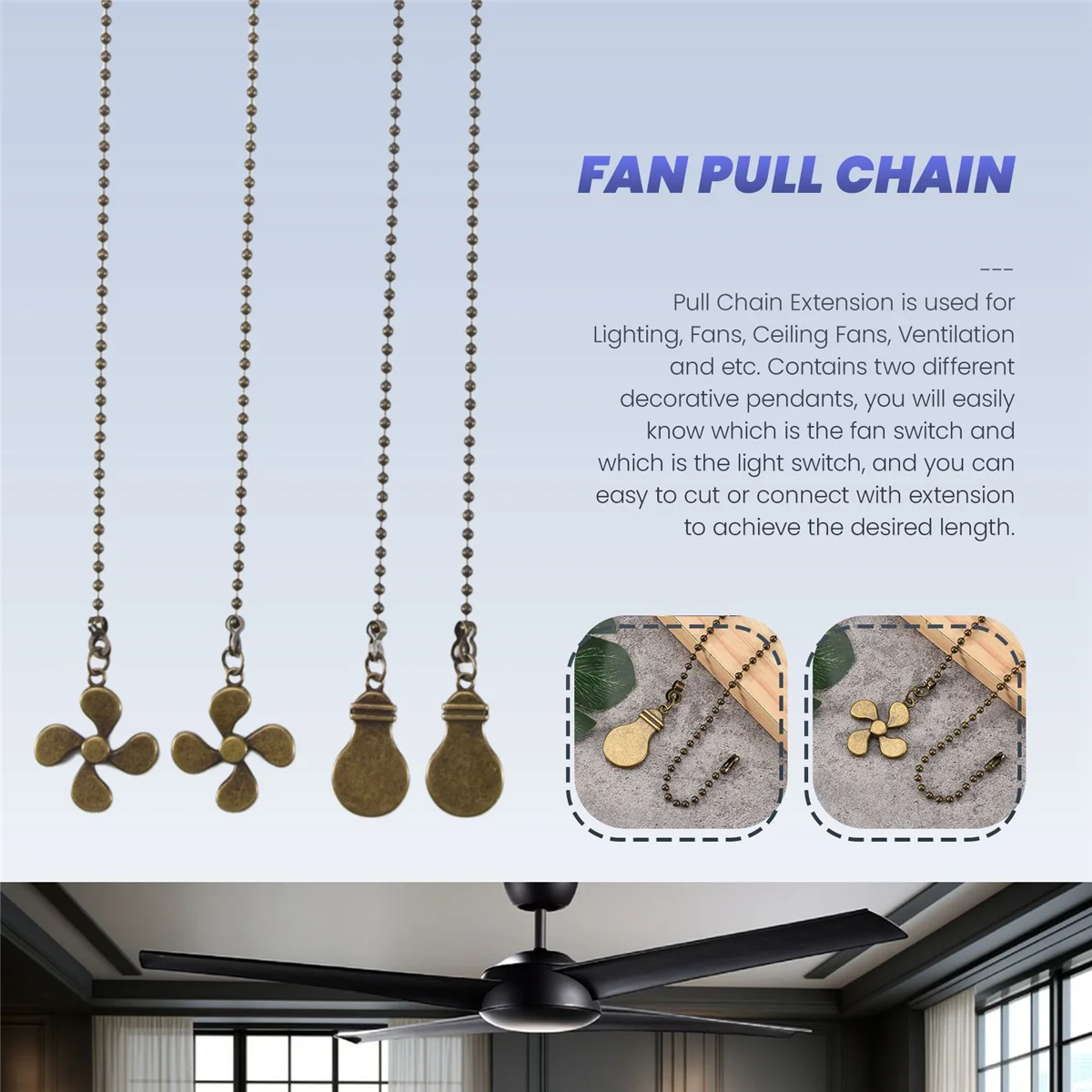 Juego de cadena de tracción para ventilador de techo, 4 Uds., patrón de bombilla y ventilador, extensión de cadena de tracción, colgante de cadena de tracción para ventilador de 12 pulgadas (bronce antiguo)