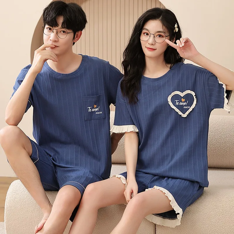 Cotton Couples Pajamas Set For Men Women Summer Short Sleeves Sleep Top & Shorts Homewear Female Male Night Clothing hombre