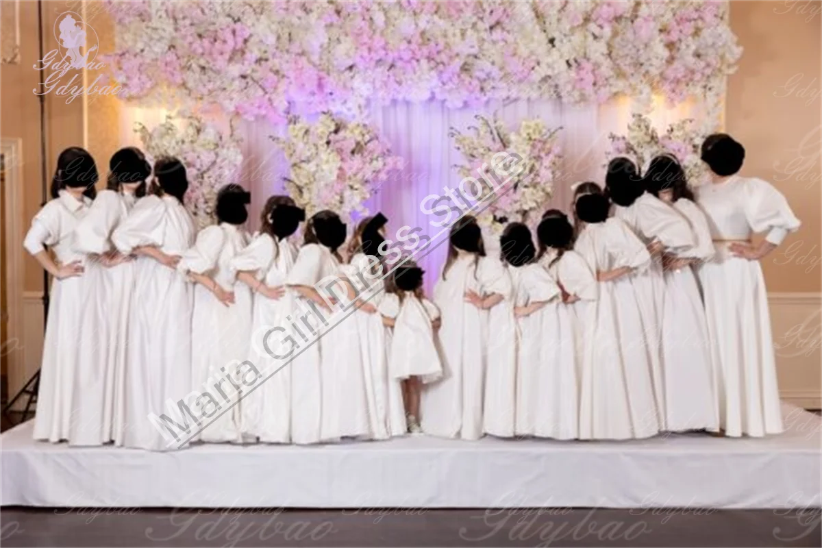 جميلة مخصصة الأبيض الساتان شقيقة العروس ثوب الزفاف وصيفات الشرف منتفخ بالون كم حزب فتاة العباءات