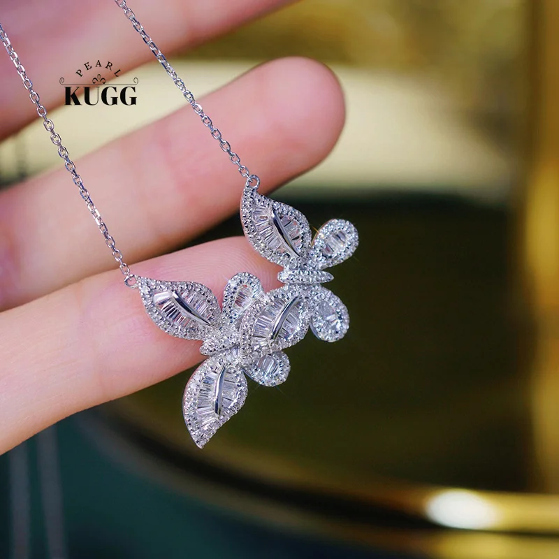 KUGG 18K White Gold Necklace Romantic Double Butterfly Design 0.76carat Real Natural Diamond Necklace for Women Wedding Party