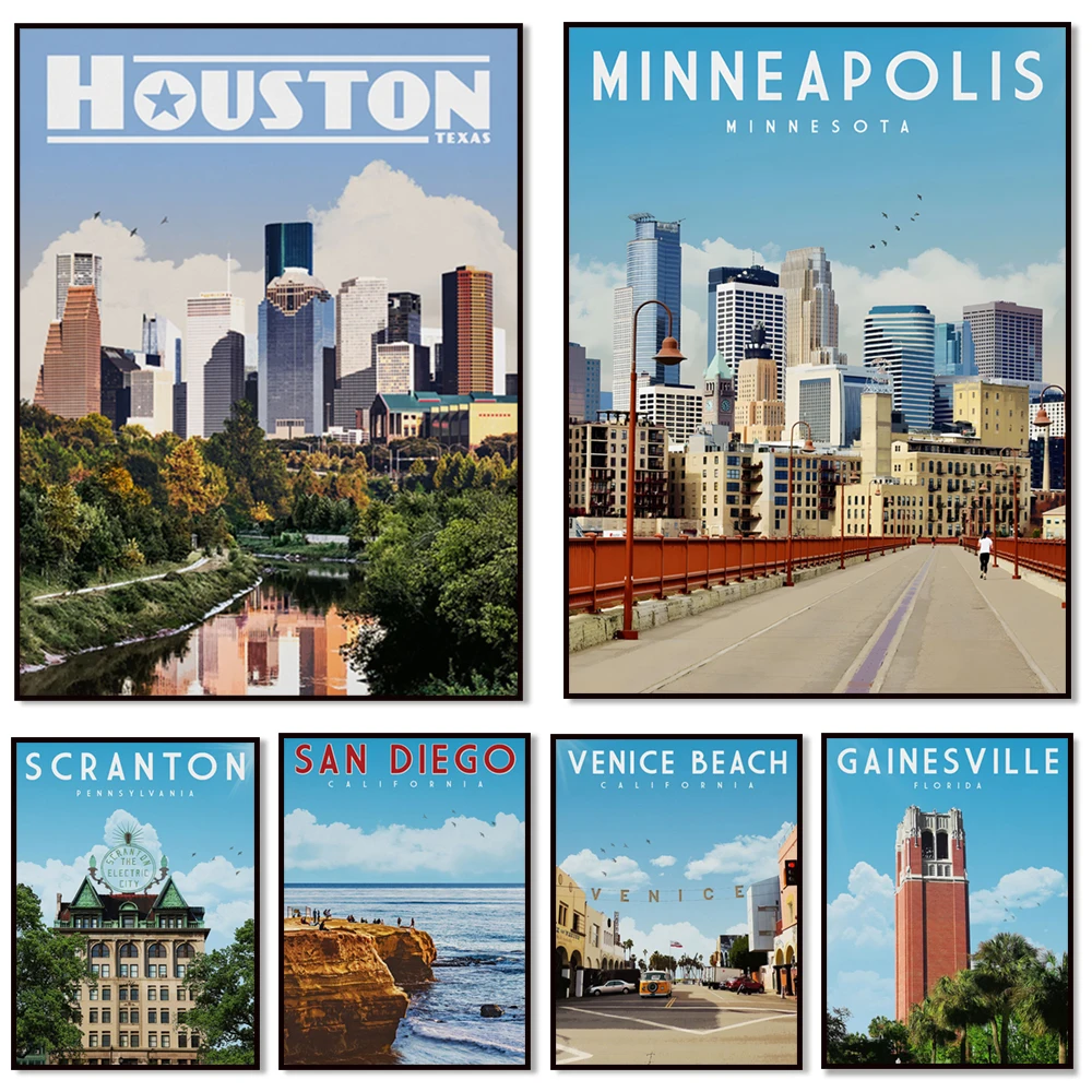 Minneapolis, Scranton, Philadelphia, Southern California, Gainesville FL, Austin TX, Detroit, TX, Chicago, Venice travel posters
