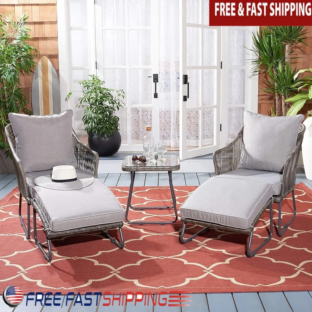 

5-Piece Patio Chaise Lounge Set Faux Rattan Steel Frame Cushions Ottoman Table Ideal Outdoor Living Space