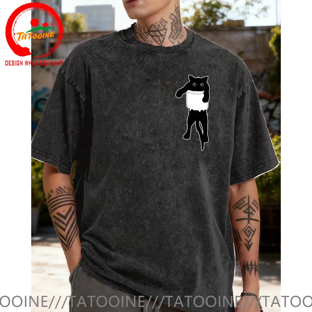 

Vintage Washed Cotton T-Shirt Funny Design Hang Loose Black Cat Pocket T Shirt Men Top Tee Fashion Trendy Clothing Casual tshirt