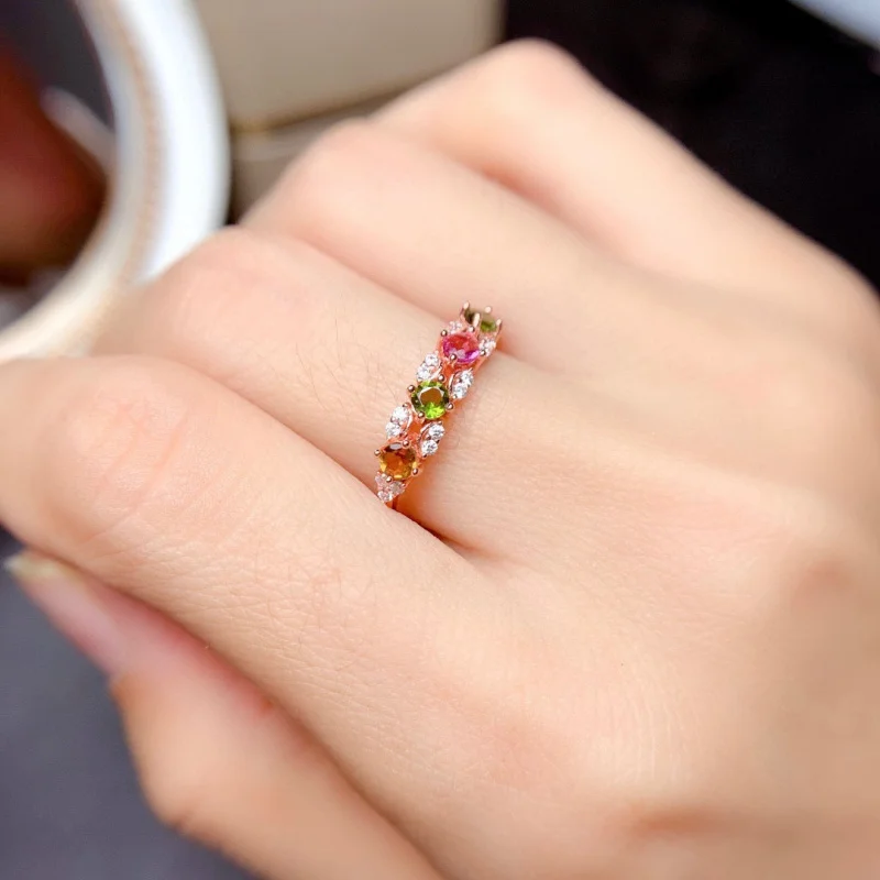 

New Arrival Set Colorful Tourmaline Candy Open Female 18K Rose Gold Color Finger Ring