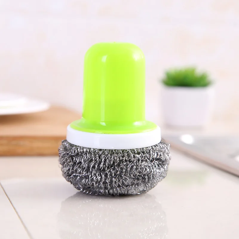 Wire Ball Brush With Long Handle Pan Cleaning Brush Dish Handle Washing Brush Stainless Steel Wire Ball Kitchen Cleaner