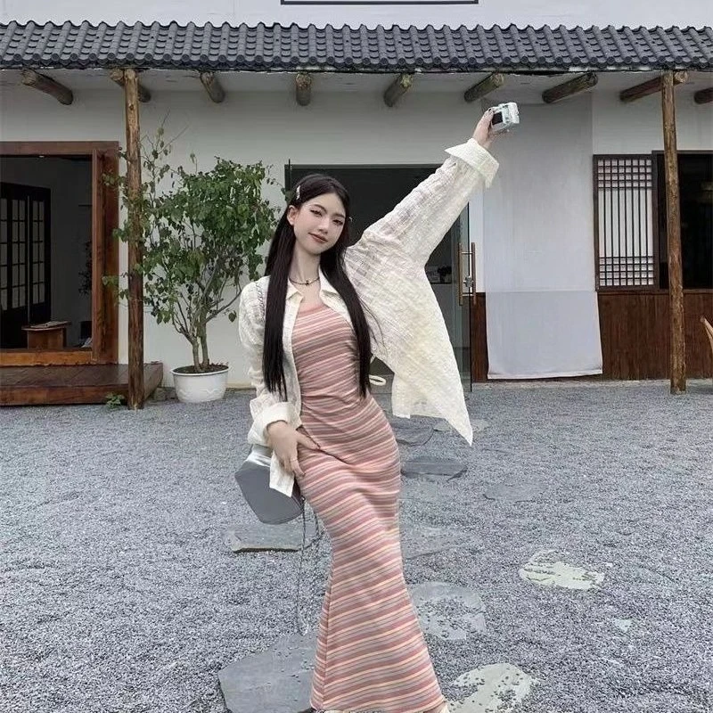 

Summer New Arrival Fashion Women's Suit Striped Knit Camisole Dress Bodycon Skirt Pure Sexy Style Hot Girl Sun Protection Shirt