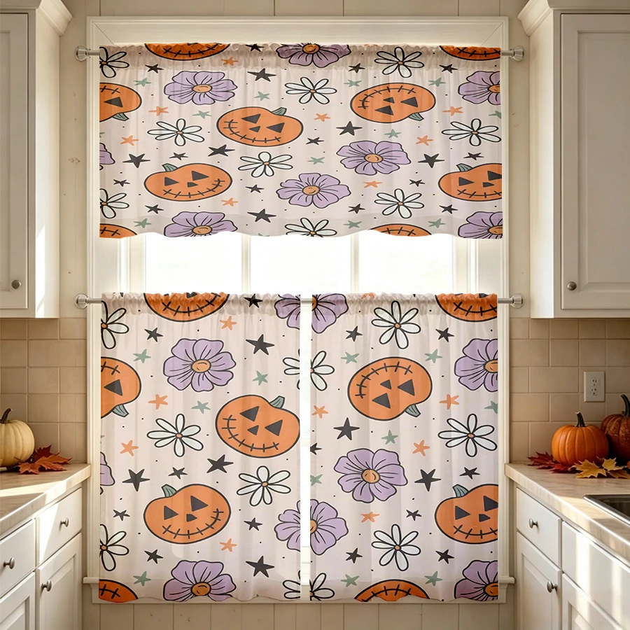 Halloween Fall Kitchen Curtains, Ghost Pumpkin Bat, Digital Print, Kitchen Dining Room, Rod Pocket Polyester, Home Decor