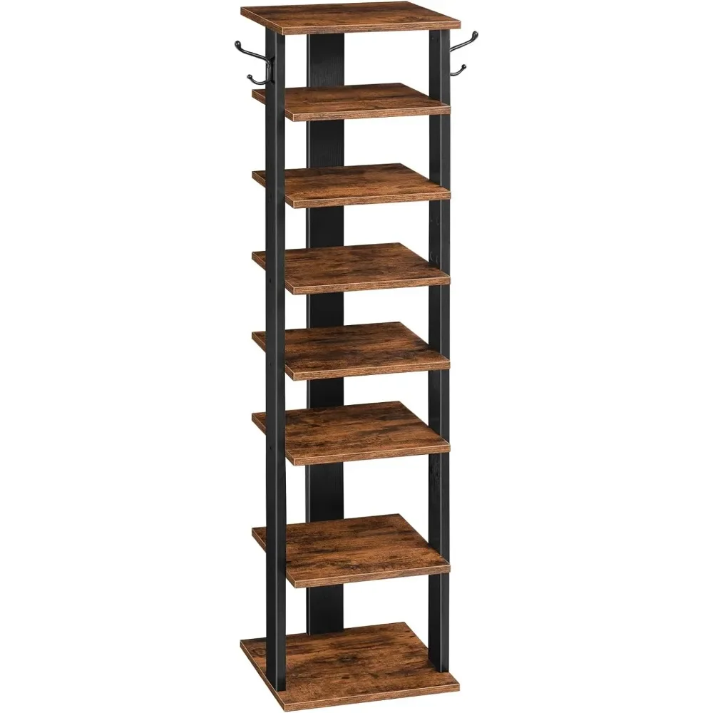 

Vertical Shoe Rack, 8 Tier Wooden Organizer with Hooks, Narrow Shoe Tower for 8 Pairs,Space Saving,for Living Room, Rustic Brown