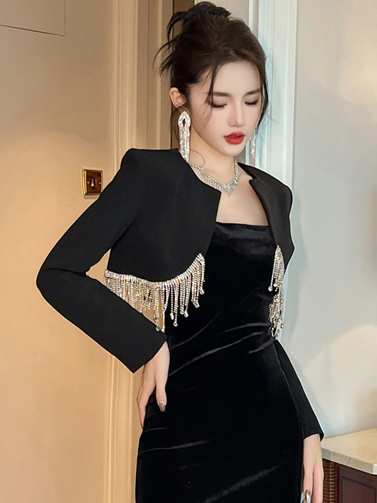 Nieuwe Dames Elegante Luxe Prom Zwart Formeel Kort Pak Blazer Vrouwen Kleding Chique Sexy Cropped Jas Jas Mujer Cardigan Outwear