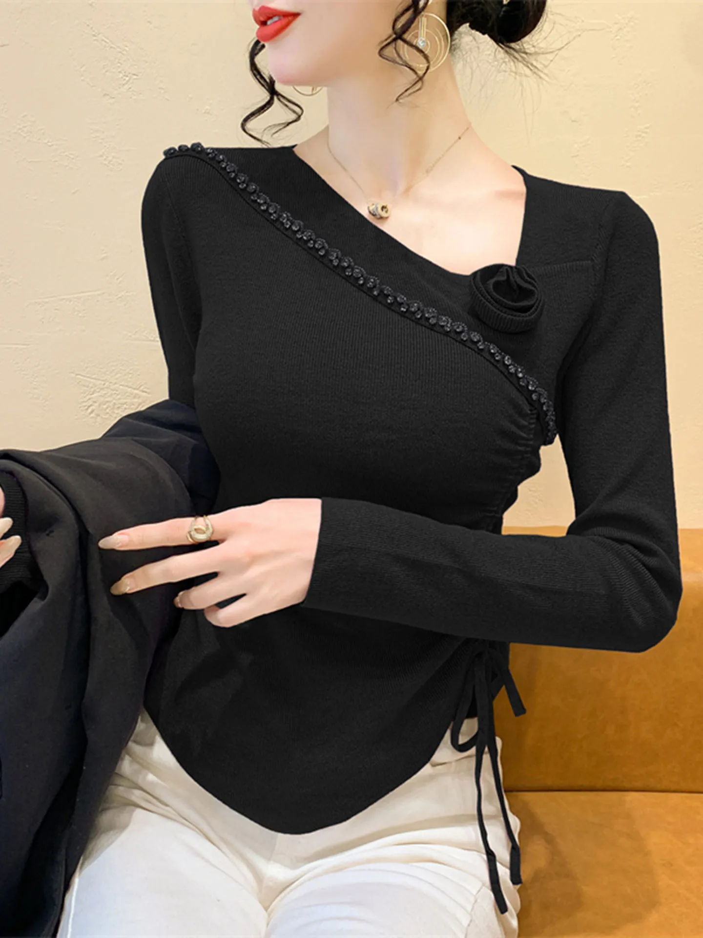 المرأة الخريف الشتاء متماسكة سترة غير النظامية الخصر البلوز القمم بلوزة تونك عادية #3