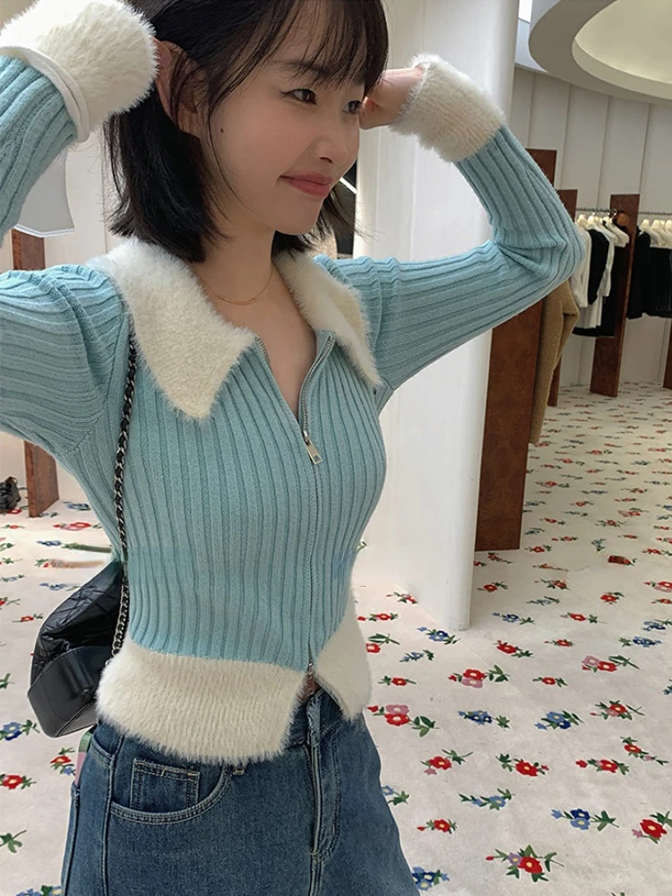 Fashion 2022 Winter Elegant Zipper Pullover Faux Fur Knitted Sweater Women Design Slim Office Lady Casual Y2k Crop Tops Korean