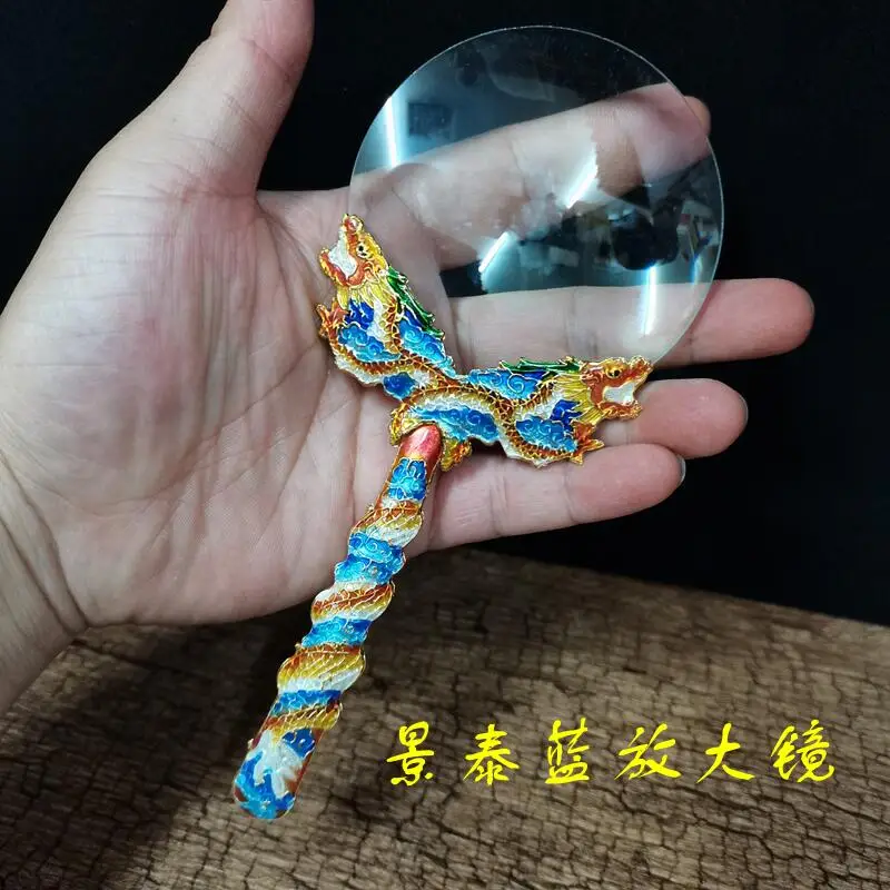 Old goods old Beijing Cloisonne Silver Blue magnifying glass double dragon playing with beads gifts collection gifts