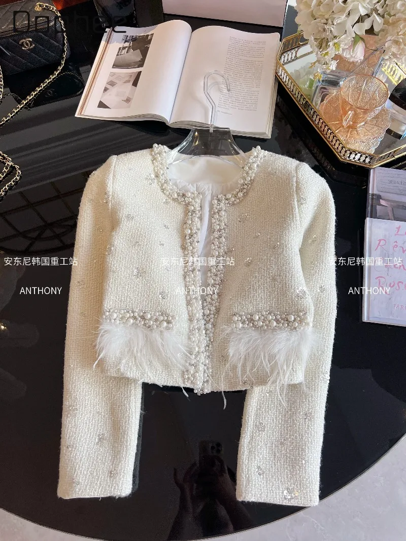 Winter Socialite Elegant Quilted Thickened Short Coat Women Heavy Beading Rhinestone Feather Patchwork Round Neck Tweed Coat