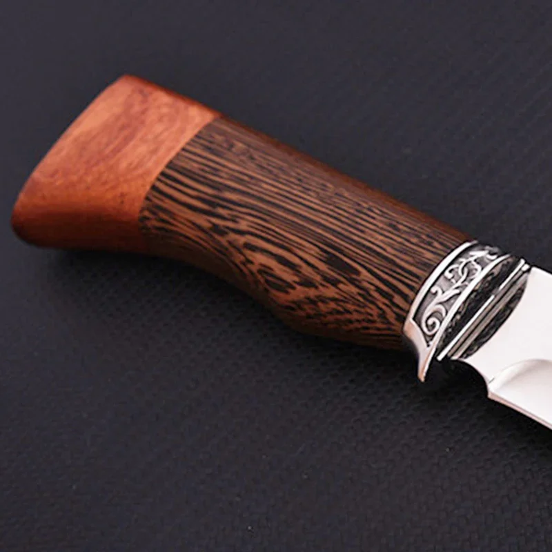 Mengoing Double Wood Handle Design Knife Deer Corrosion Pattern Tactical Rescue Fixed Blade Knives Tool for Camping Hunting