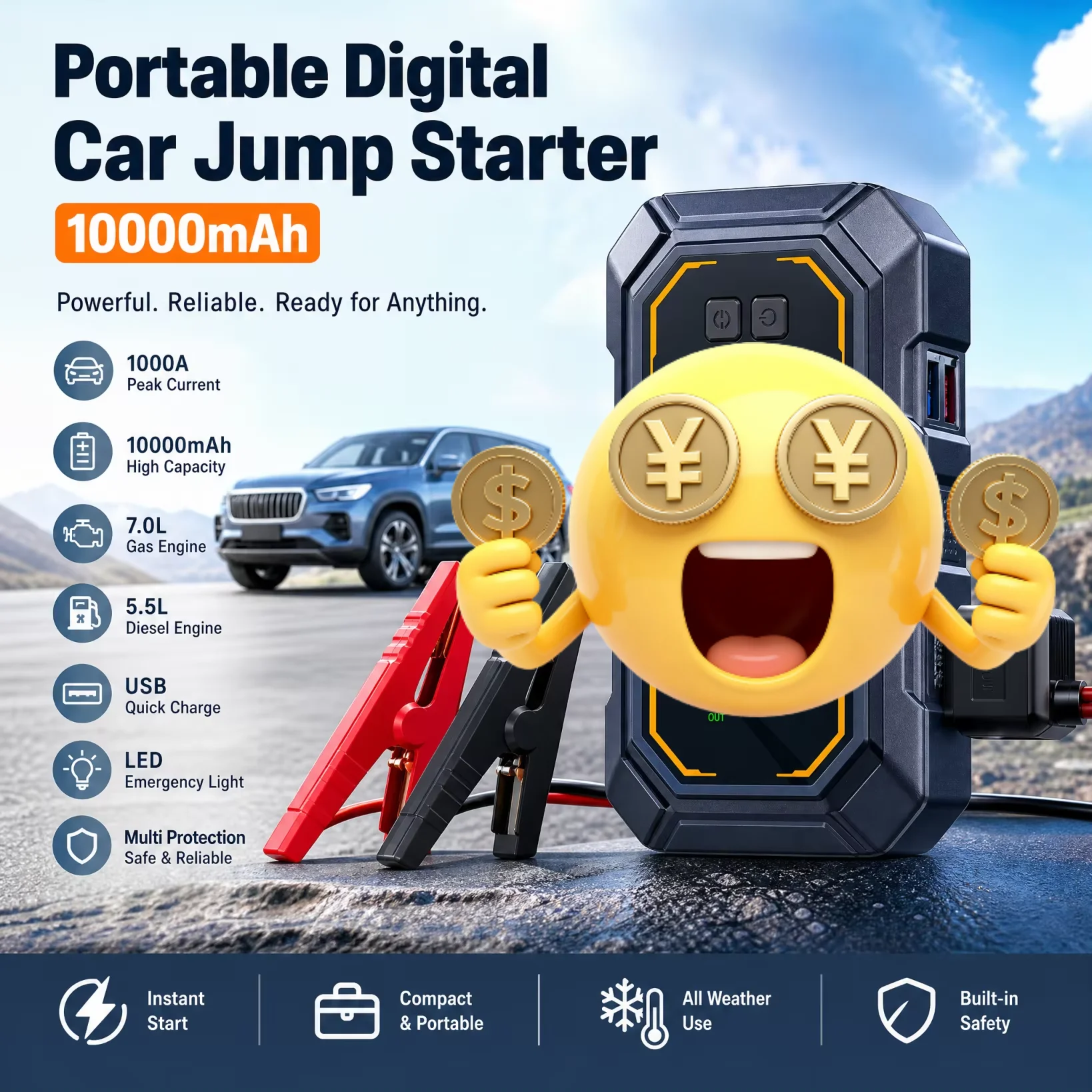 10000mAh Portable Digital Car Jump Starter Air Compressor Power Supply with Light Emitting Diode Light 150 Psi Tire Inflator