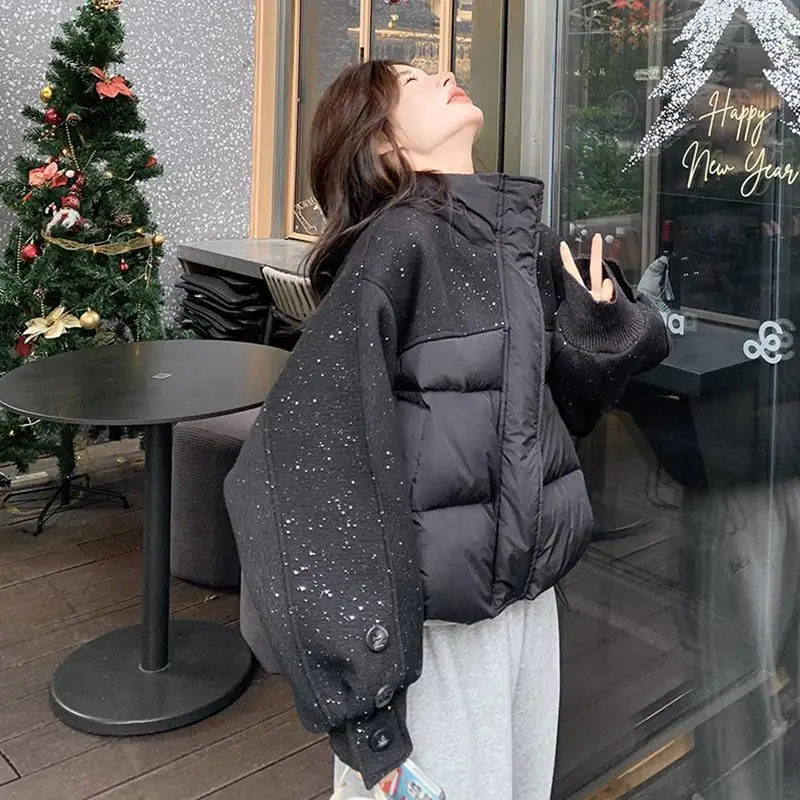 2025 Fashion Spliced Contrast Color Sequins Parkas Women's Winter Woolen Patchwork Cotton-padded Jackets Stand-up Collar Coats