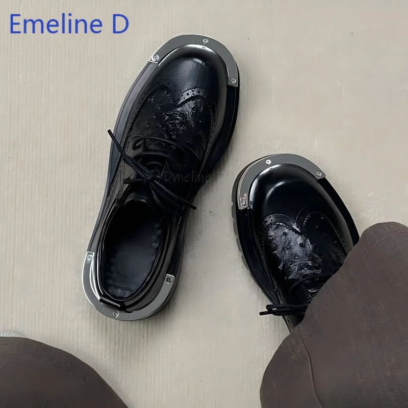 Men Lace Up Shoes Grain Embossed Surface Wingtip Perforated Craft Metal Edge Platform Sole Business Casual Daily Derby Shoes