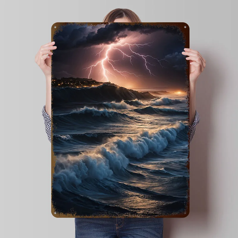 Póster Metálico de Tormenta de Rayos sobre Olas, Arte de Pared Personalizado, Letreros Retro Vintage de Hojalata para Decoración del Hogar, Artículos de Decoración para el Hogar y la Habitación