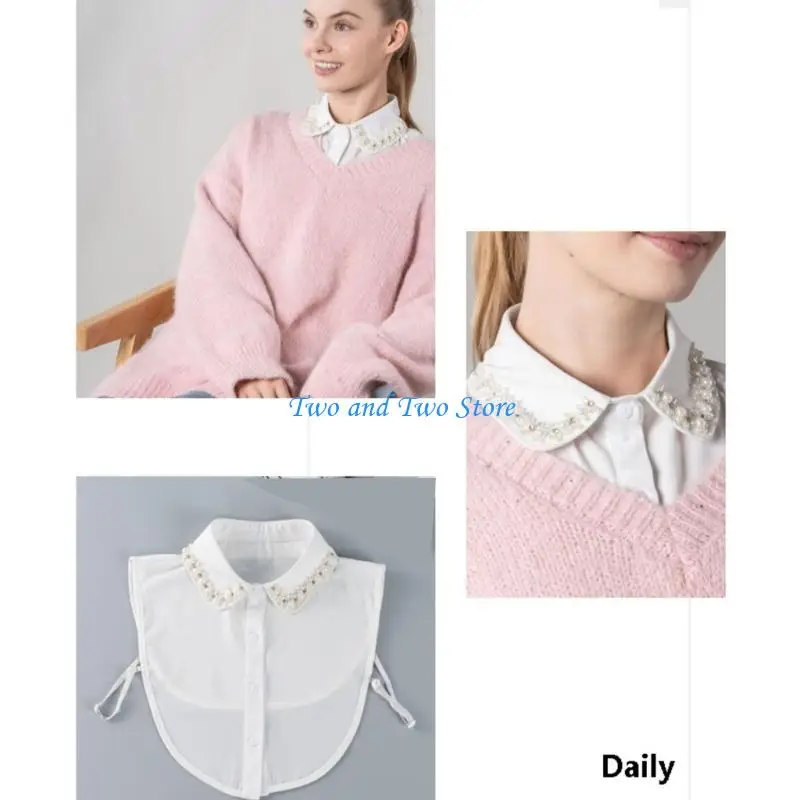 HX6F Fashion Jeweled Detachable Collar Shawl Pearls Lapel Colorful Rhinestones Collar Shawl for Dress Shirt
