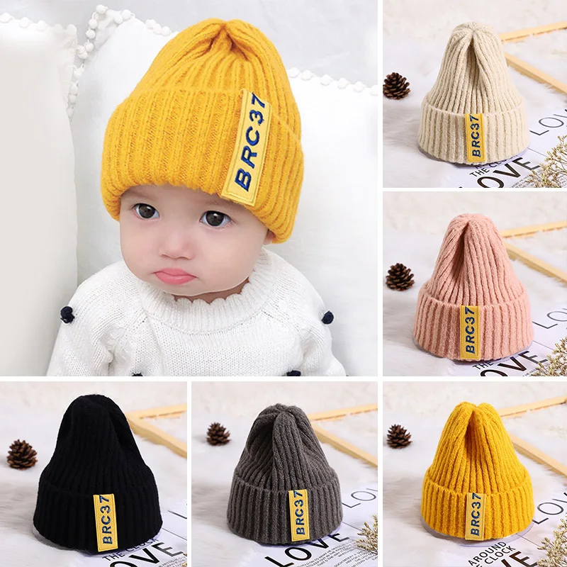 Winter Baby Knitted Hat Solid Color Woolen Crochet Bonnet 1-6year Children Warm Pullover Cap Fashion Kids Beanie Letter Skullcap