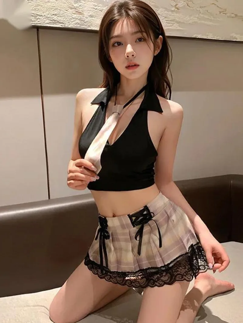 

Стильный комплект Girl Group Hot Girl Комплект без рукавов с открытой спиной Плиссированная юбка JK Сексуальная юбка Pure Desire Комплекты с завязками и кружевной отделкой с бантом 1EVI