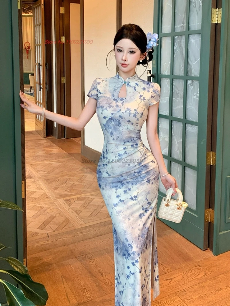 

2026 китайское сексуальное платье, улучшенный чонсам с принтом национальных цветов, вечернее платье для вечеринок, традиционное клубное платье ципао, вестидо.