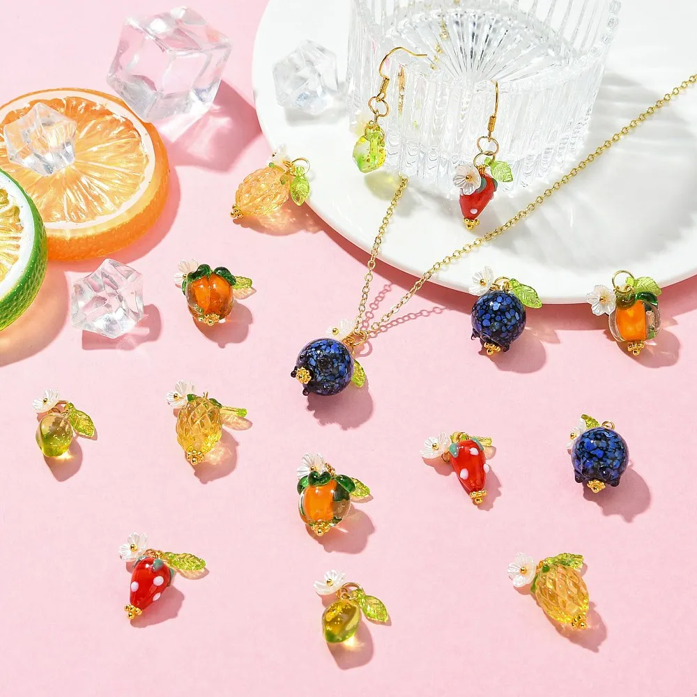 15pcs Mixed Fruit Lampwork Acrylic Charms Strawberry Blueberry Orange Lemon Flower Pendants for DIY Earring Jewelry Making Craft