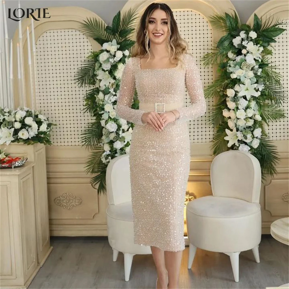 LORIE Elegant Glitter Mermaid Evening Dresses Sparkly Square Collar Long Sleeves Celebrity Dress Belt Bow Tea Length Party Gowns