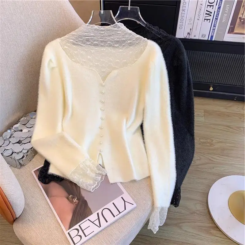 Autumn And Winter New Design Lace Patchwork Half Neck Sweater Feminine Temperament Sweet Inner Layer Bottom Layer Top