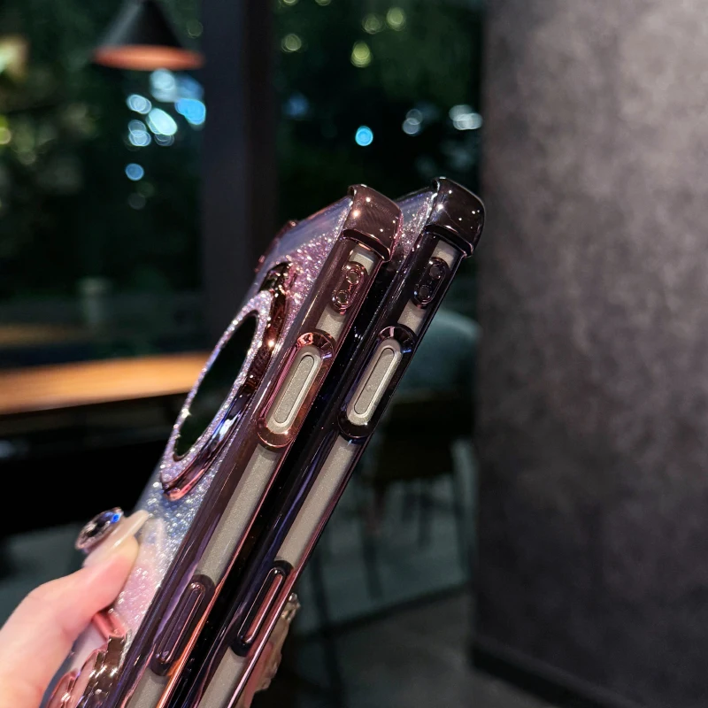 Plating Four Corner Shockproof Gradient Glitter TPU Makeup Mirror Holder Phone Case For iPhone 17 Pro Max/17/17 Pro Bumper Cover - náhled 4